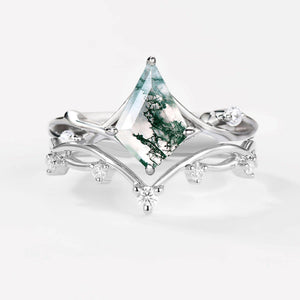 Branch Kite Shape Natural Moss Agate Engagement Ring Sets 2pcs.