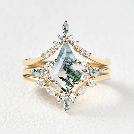 Sylvie’s Chevron | Kite Cut Green Moss Agate Engagement Ring Set 3pcs