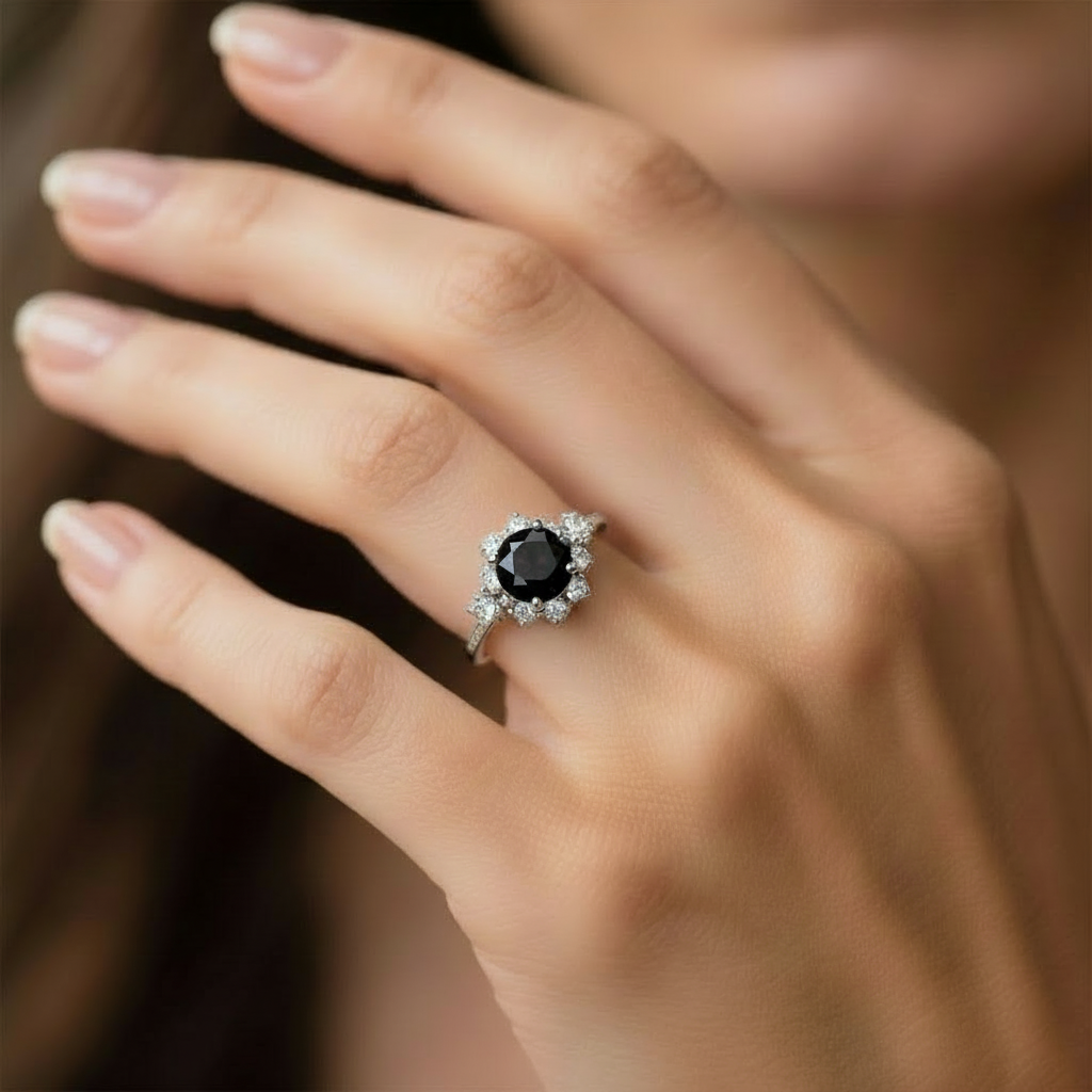 Marina’s Nocturne | Round Black Diamond Halo Engagement Ring.