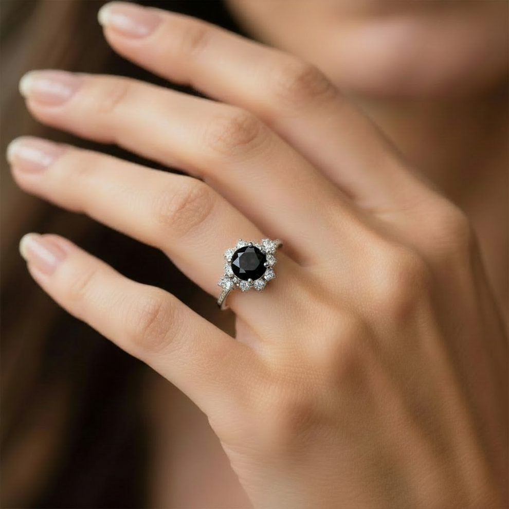 Marina’s Nocturne | Round Black Diamond Halo Engagement Ring.