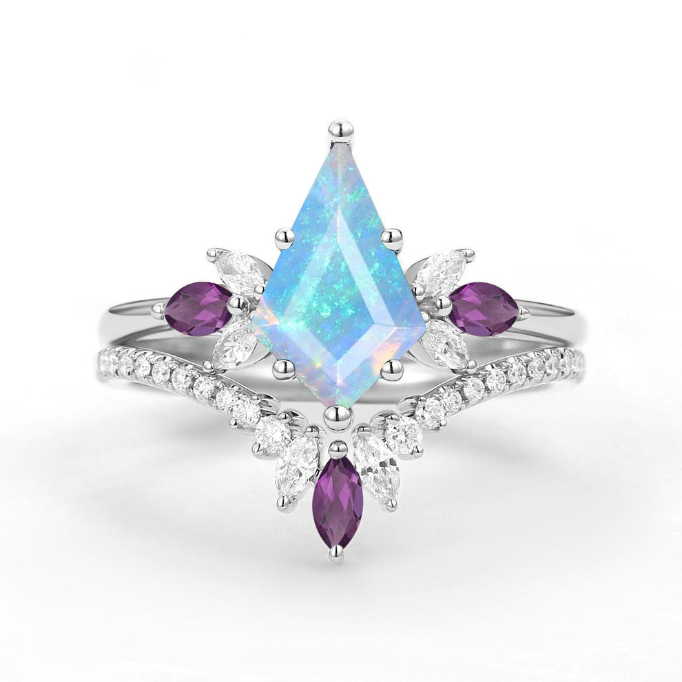 Butterfly Fairy - Unique Kite Cut Moss Agate & Amethyst Engagement Ring Set 2pcs.