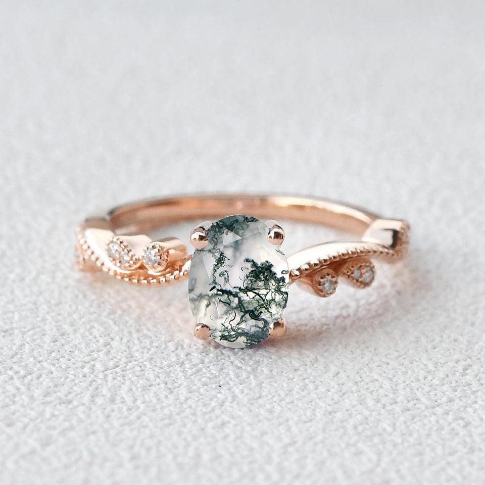 1.5ct Moss Agate Leafy Milgrain Vintage Solitaire Ring.