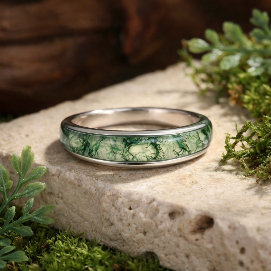 Atlas Arc | Eternal Curved Moss Agate Inlay Wedding Band.