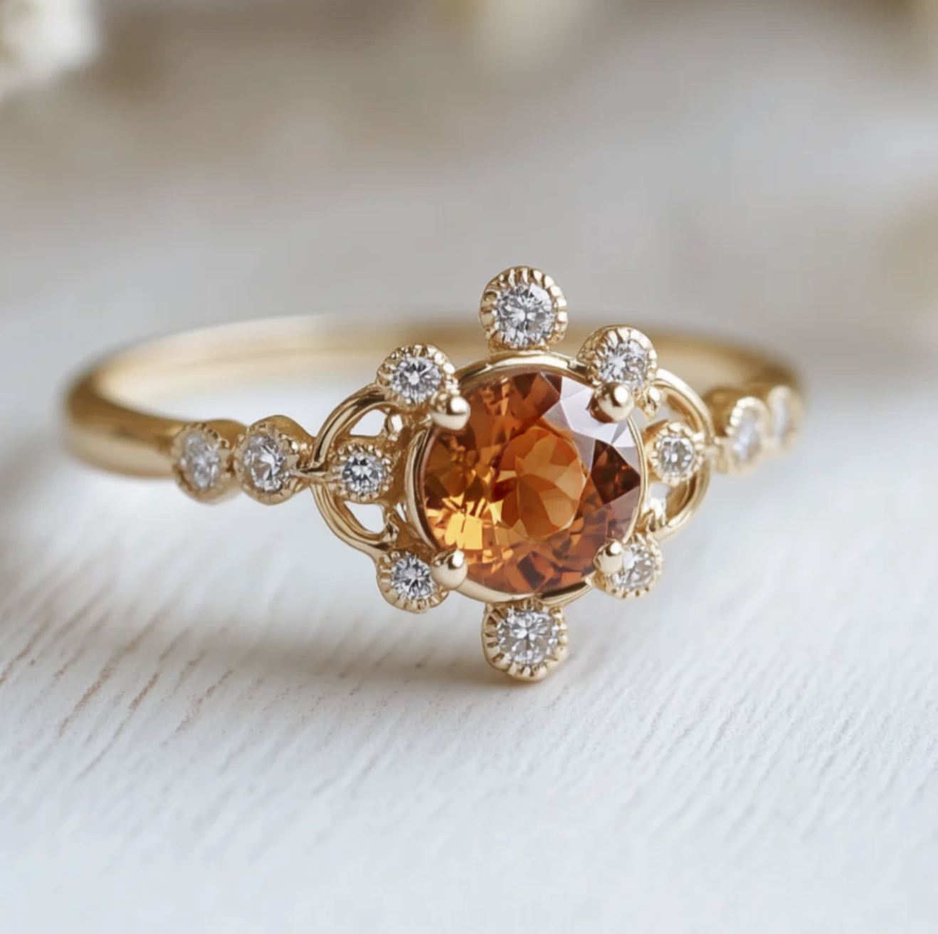 Aurora’s Ember | Round Citrine Vintage Halo Engagement Ring