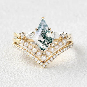 Kite Cut Moss Agate Pearl Stacking Engagement Bridal Set 3pcs.