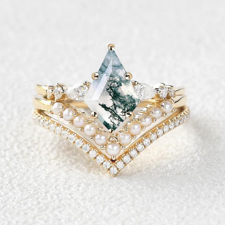 Kite Cut Moss Agate Pearl Stacking Engagement Bridal Set 3pcs.