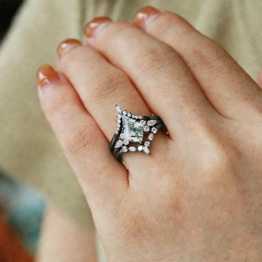 Sylvie’s Shadow | Black Gold Kite Cut Moss Agate Ring Set 3pcs.