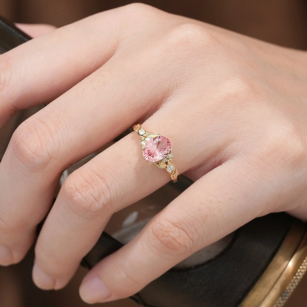 Aurora’s Blush | Sparkle Cut Pink Sapphire Leaf Engagement Ring.