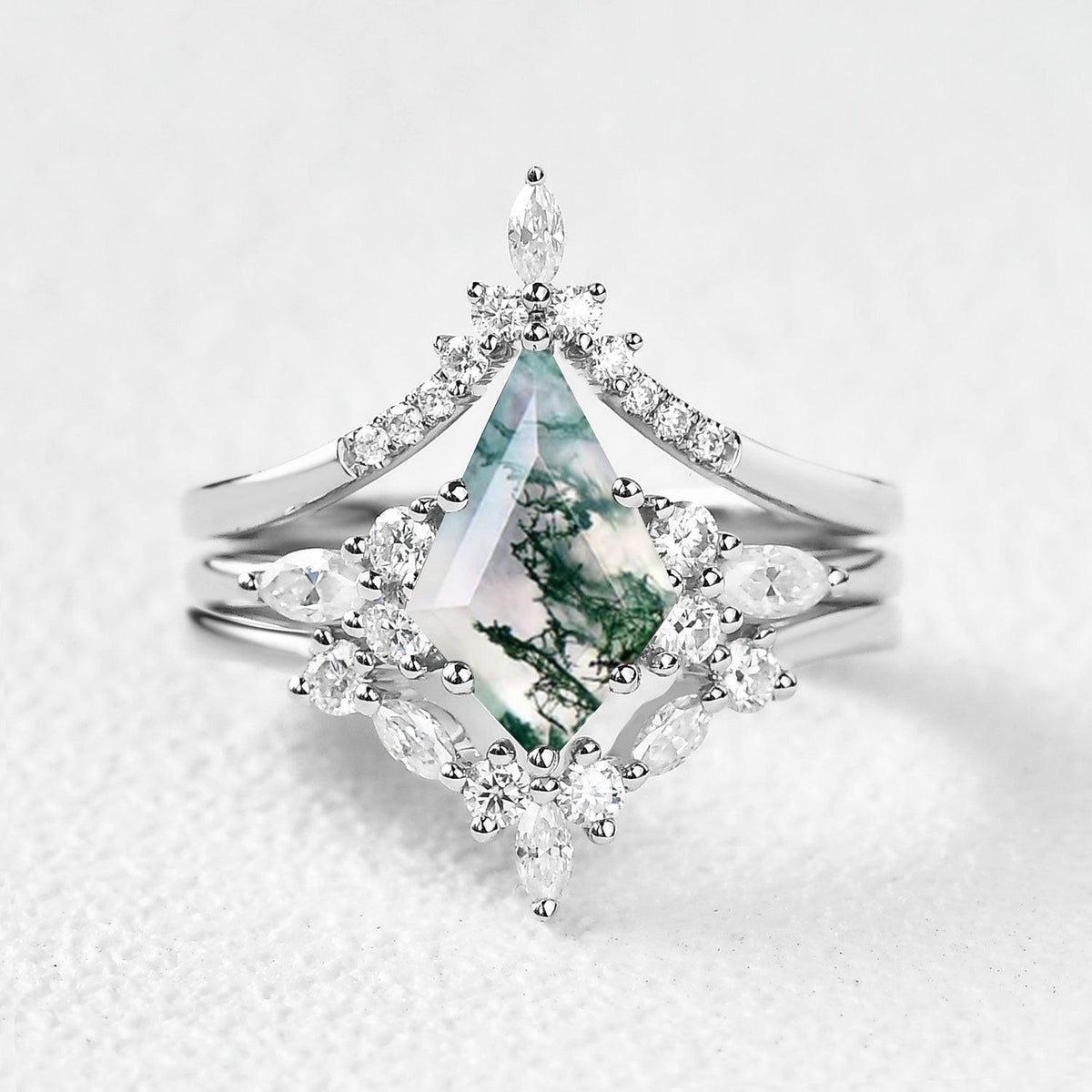 Kinsley Unique Kite Cut Moss Agate Chevron Engagement Ring Set 3pcs.