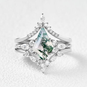 Kinsley Unique Kite Cut Moss Agate Chevron Engagement Ring Set 3pcs.
