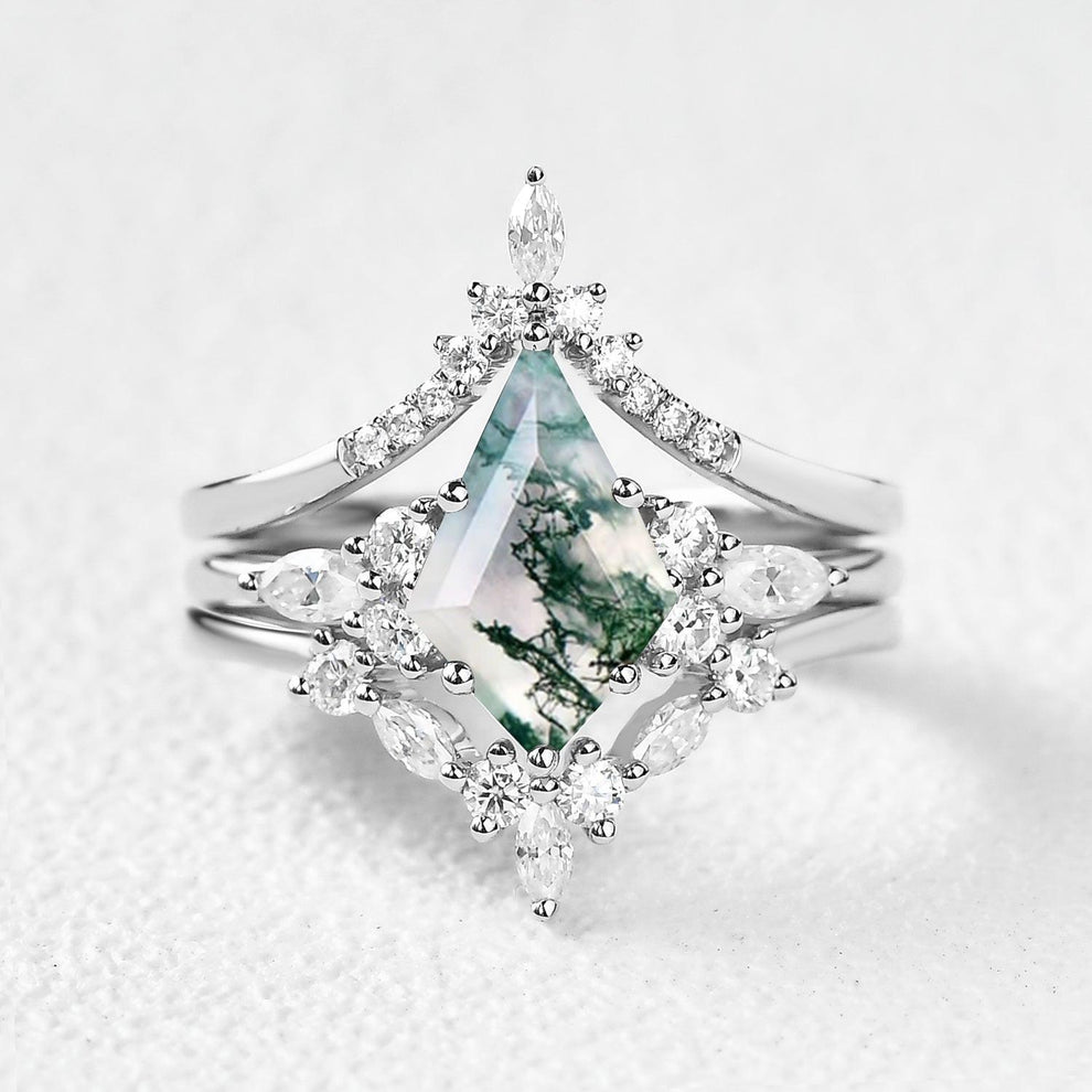 Kinsley Unique Kite Cut Moss Agate Chevron Engagement Ring Set 3pcs.