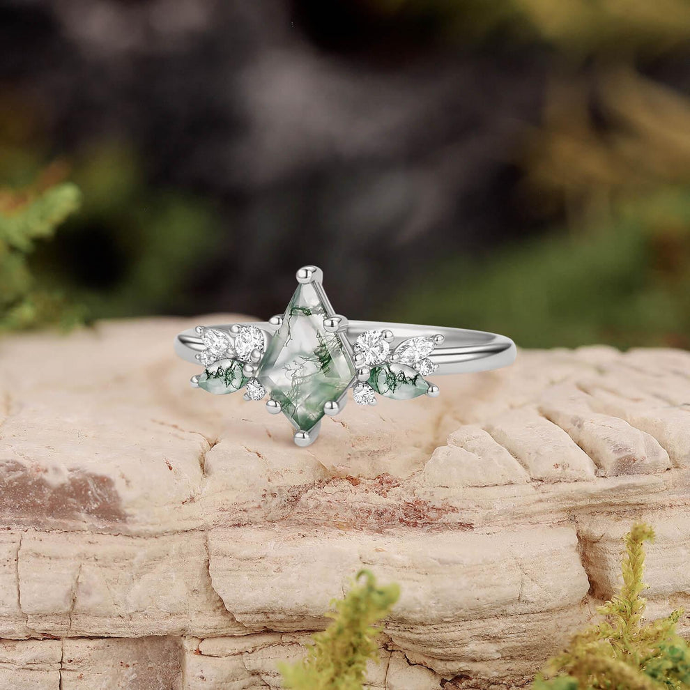 Lavinia’s Sprig | Classic Kite Cut Moss Agate Engagement Ring.