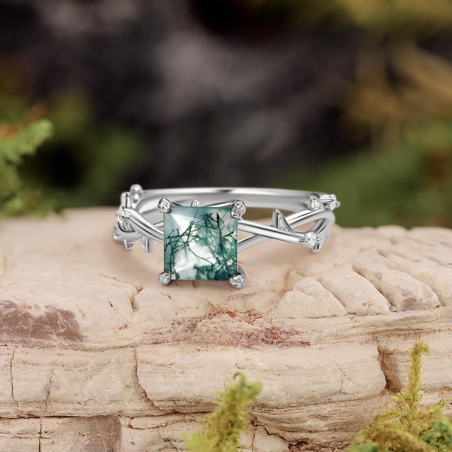 Nature Inspired Princess Cut Moss Agate Leafy Engagement Ring.