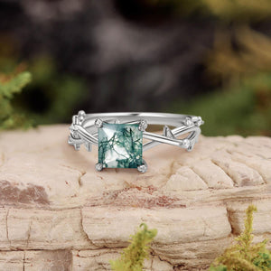 Nature Inspired Princess Cut Moss Agate Leafy Engagement Ring.