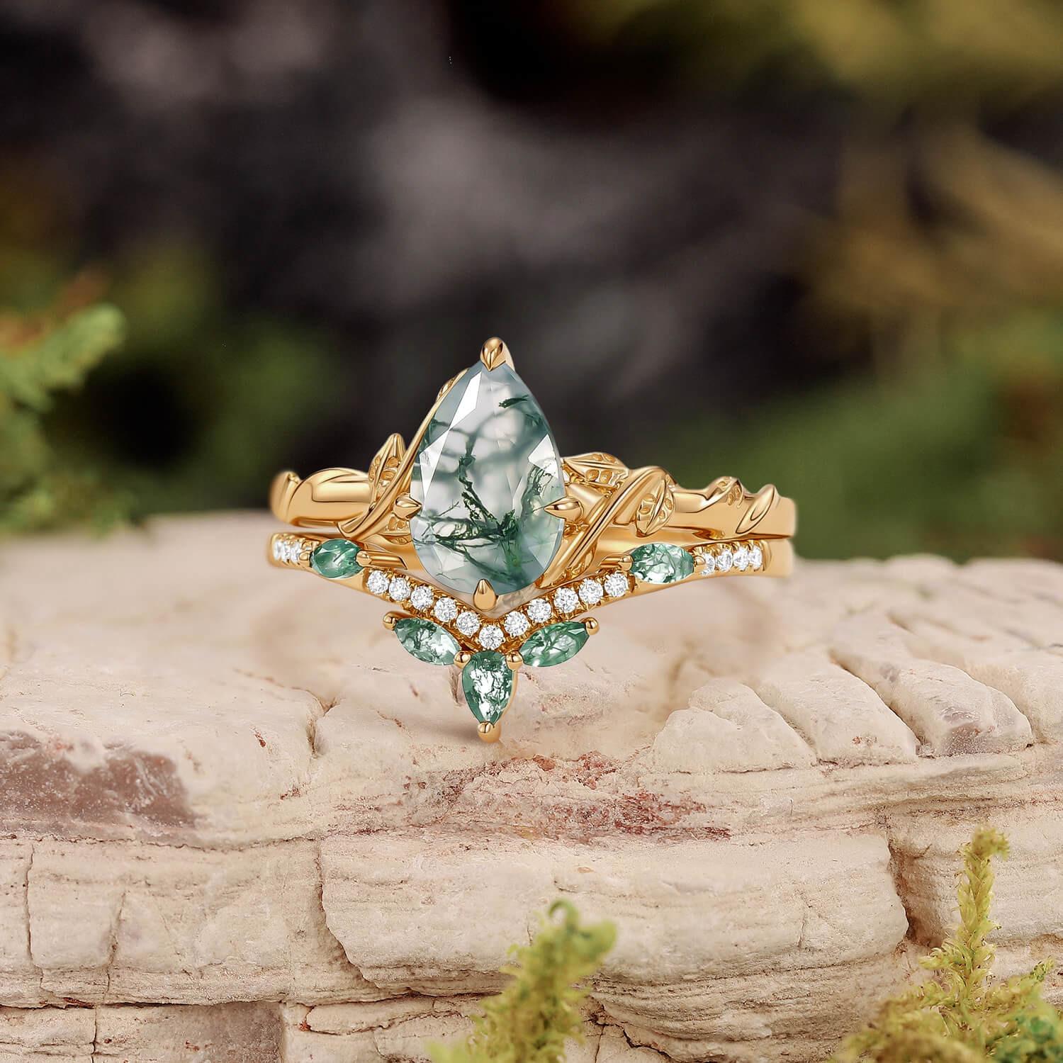 Lark Nature Inspired Pear Cut Moss Agate Leafy Ring Set 2pcs.