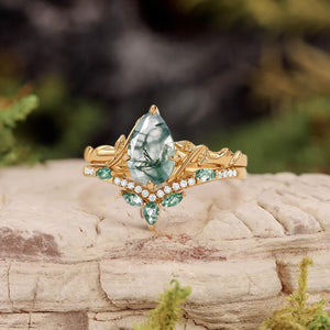 Lark Nature Inspired Pear Cut Moss Agate Leafy Ring Set 2pcs.