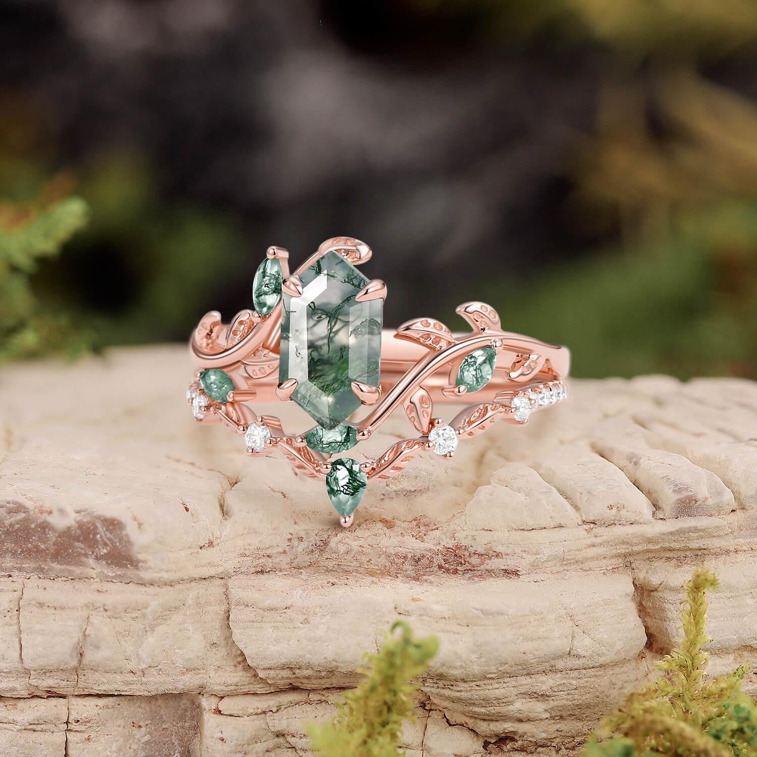 Daphne Moss Agate Hexagon Vine Emerald Engagement Ring Set 2pcs.