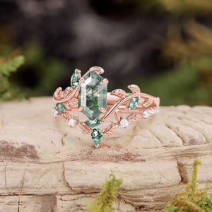Daphne Moss Agate Hexagon Vine Emerald Engagement Ring Set 2pcs.