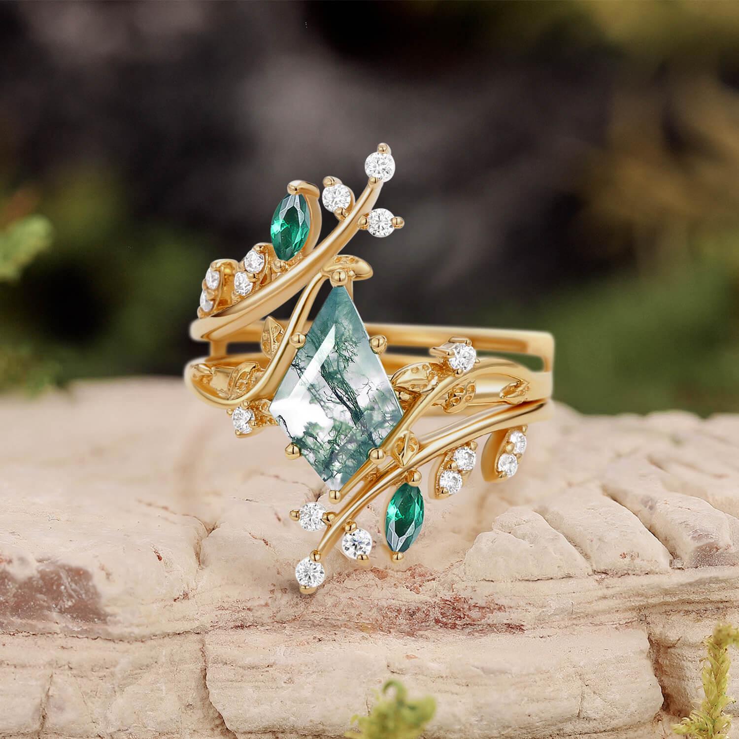 Sylvie’s Enclave | Kite Cut Moss Agate & Emerald Cage Leafy Bridal Set 2pcs.