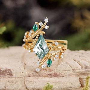 Sylvie’s Enclave | Kite Cut Moss Agate & Emerald Cage Leafy Bridal Set 2pcs.