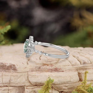 Vintage Round Cut Moss Agate Cluster Engagement Ring.