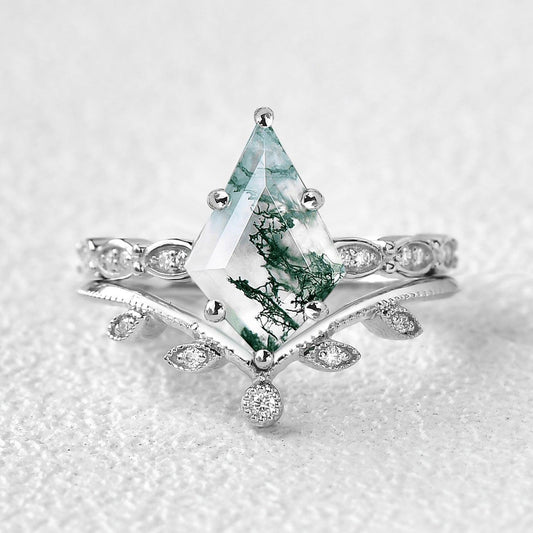 Kite Cut Moss Agate White Gold Leafy Engagement Ring Set 2pcs.