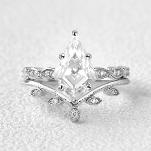 Kite Cut Moss Agate White Gold Leafy Engagement Ring Set 2pcs