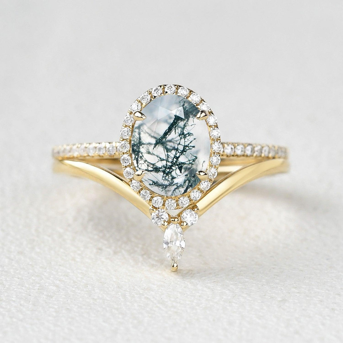 Oval Cut Moss Agate Halo Rose Gold Ring Set 2pcs.