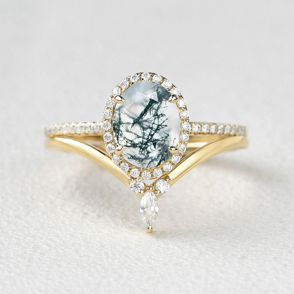 Oval Cut Moss Agate Halo Rose Gold Ring Set 2pcs.