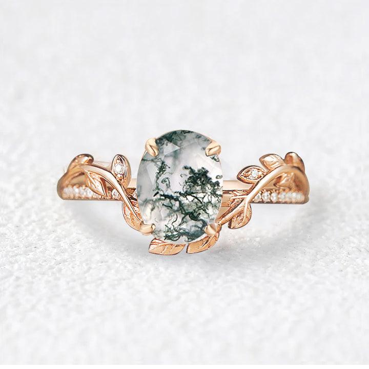 Oval Cut Moss Agate Classic Vine Engagement Ring.