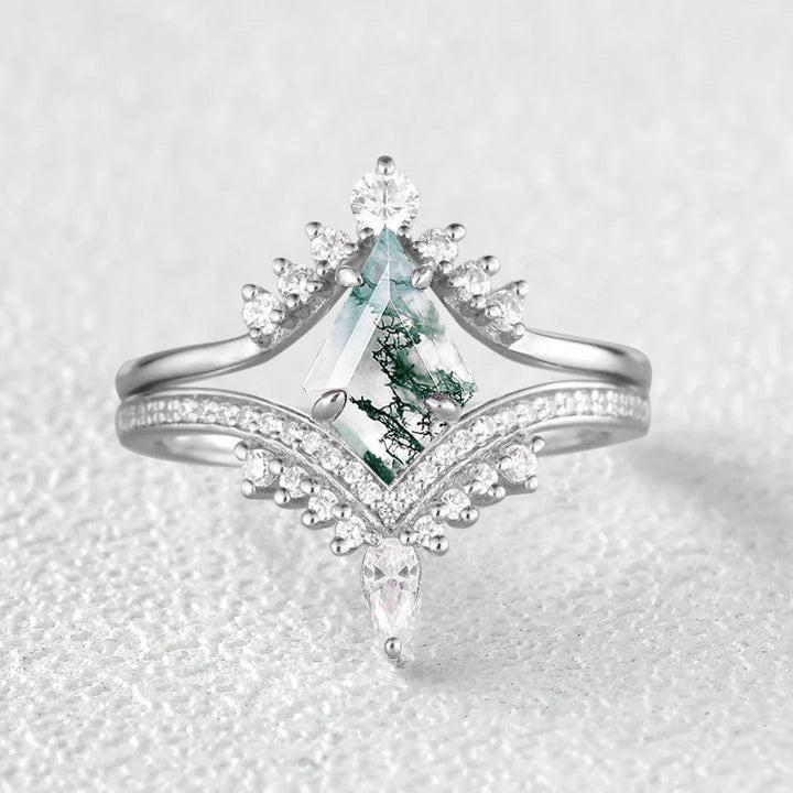 Kite Cut Moss Agate Deep V Chevron Engagement Ring Set 2pcs.