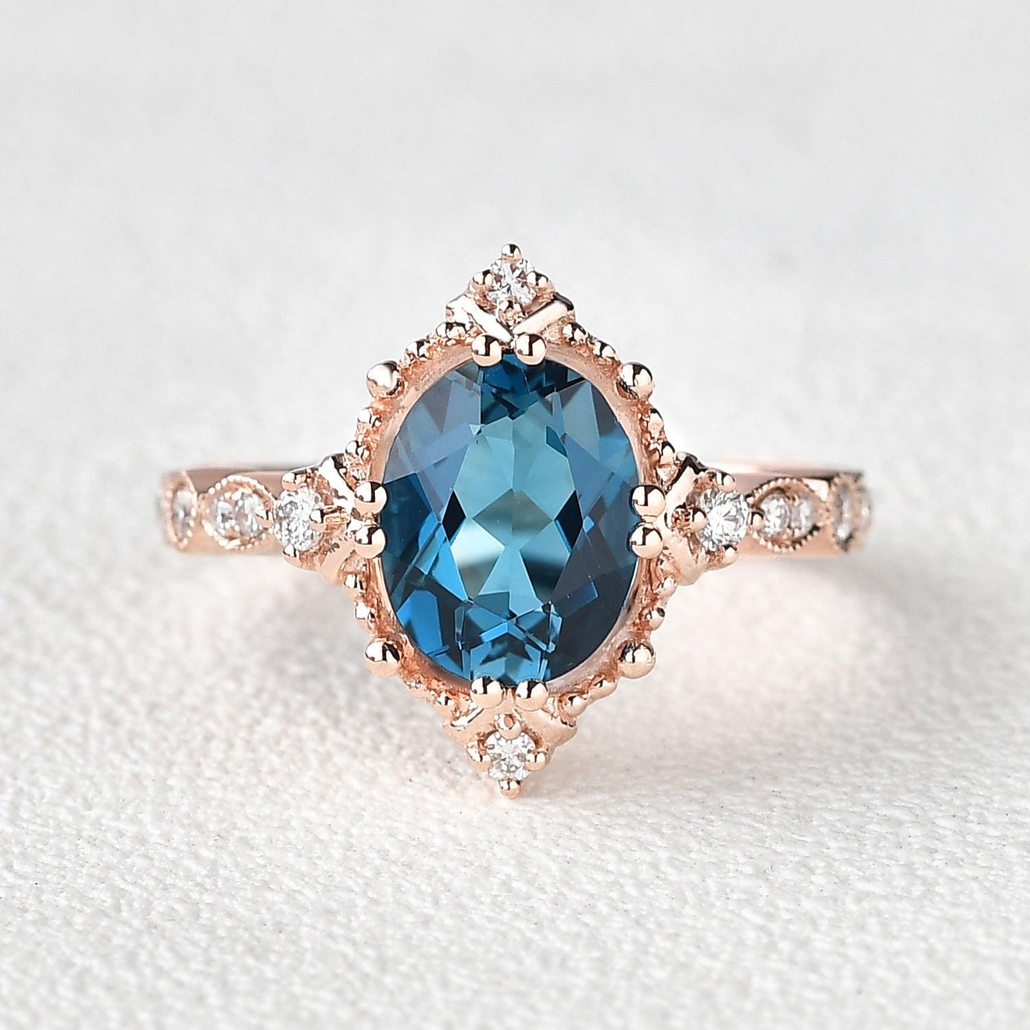 Aurelia’s Prism | Oval London Blue Topaz & Moissanite Art Deco Ring.