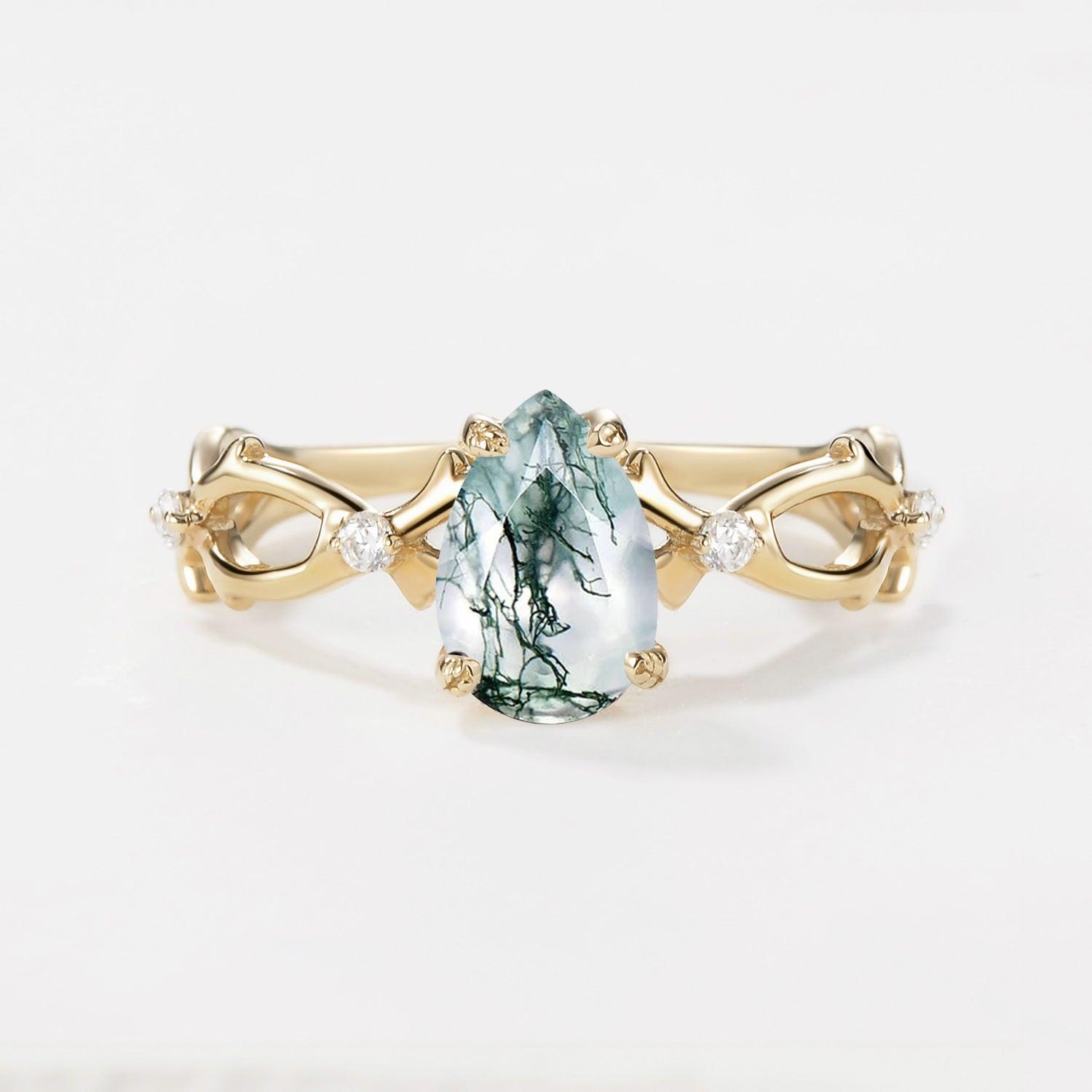 Unique Pear Moss Agate Infinity Leaf Engagement Ring.