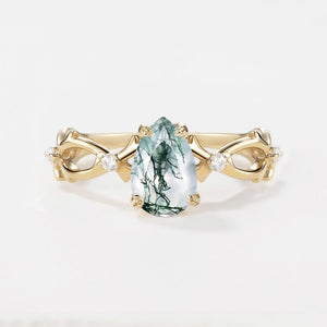 Unique Pear Moss Agate Infinity Leaf Engagement Ring.