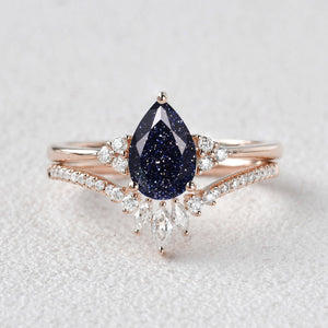 Lydia 1.5ct Signature Pear Vintage Moss Agate Engagement Ring Set 2pcs.