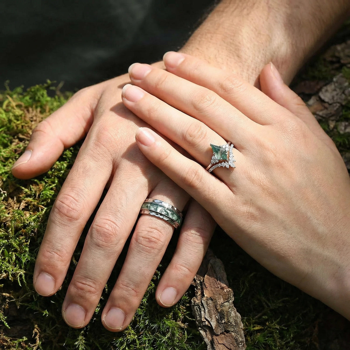 Genevieve’s Harmony | Luxurious Eternal Moss Agate Couple Ring Set 3pcs.