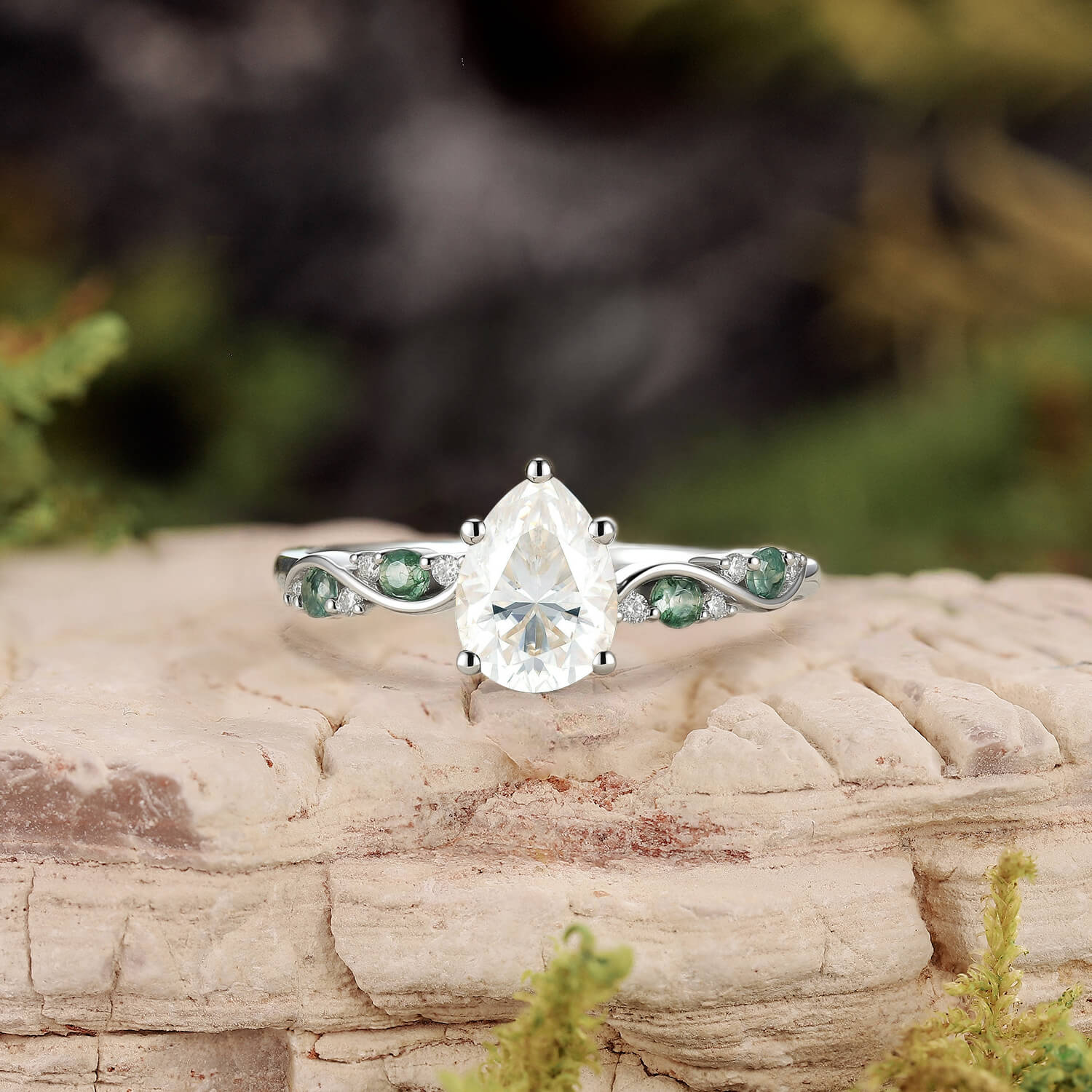 Flora’s Sprig | Pear Cut Moss Agate Engagement Ring