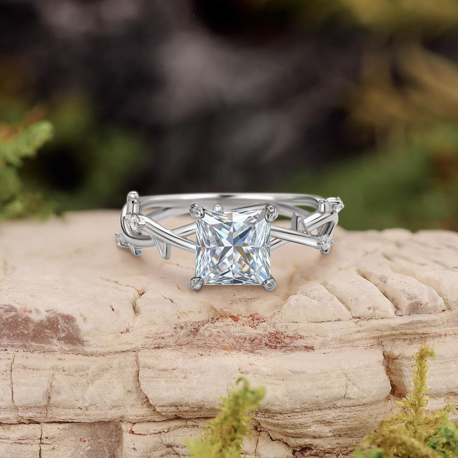 Nature Inspired Princess Cut Moss Agate Leafy Engagement Ring.