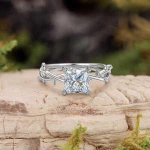 Nature Inspired Princess Cut Moss Agate Leafy Engagement Ring.