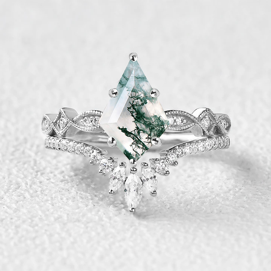 Unique Kite Moss Agate Engagement Ring Sets 2pcs.