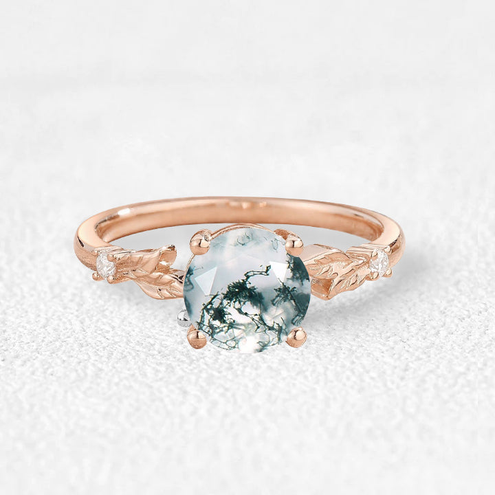 Aurelia’s Leaflet | Round Cut Moss Agate Leafy Engagement Ring