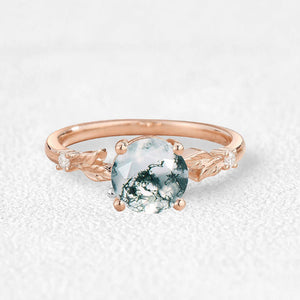 Aurelia’s Leaflet | Round Cut Moss Agate Leafy Engagement Ring