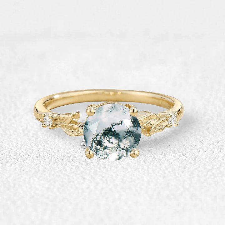 Aurelia’s Leaflet | Round Cut Moss Agate Leafy Engagement Ring