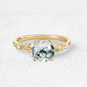 Aurelia’s Leaflet | Round Cut Moss Agate Leafy Engagement Ring