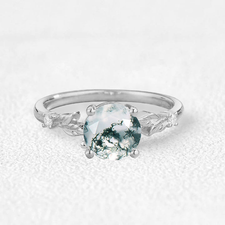 Aurelia’s Leaflet | Round Cut Moss Agate Leafy Engagement Ring