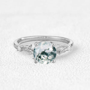Aurelia’s Leaflet | Round Cut Moss Agate Leafy Engagement Ring