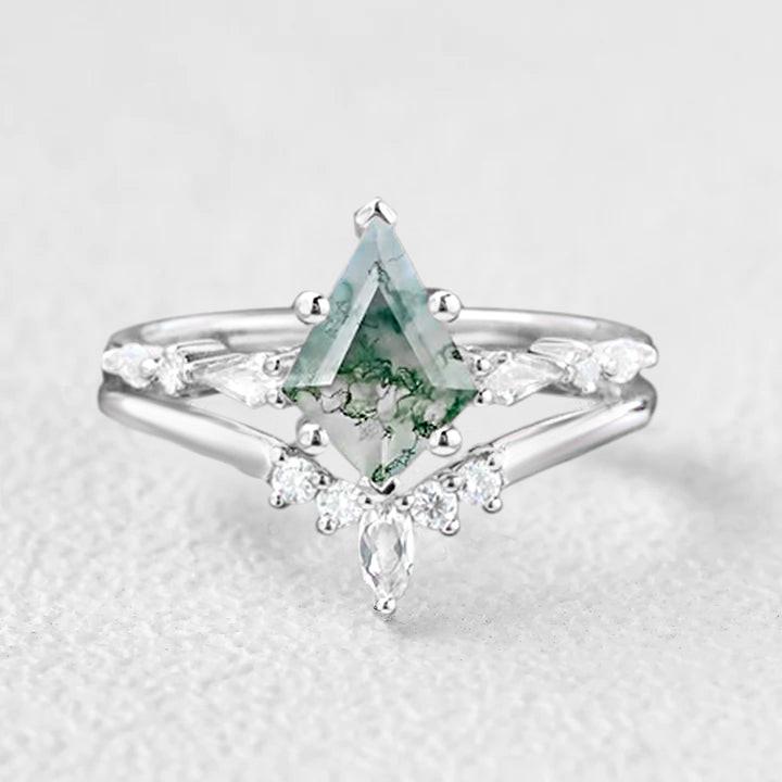 Kite Unique Moss Agate Engagement Ring Set 2pcs.