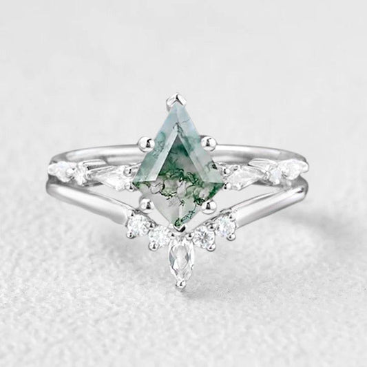 Kite Unique Moss Agate Engagement Ring Set 2pcs.