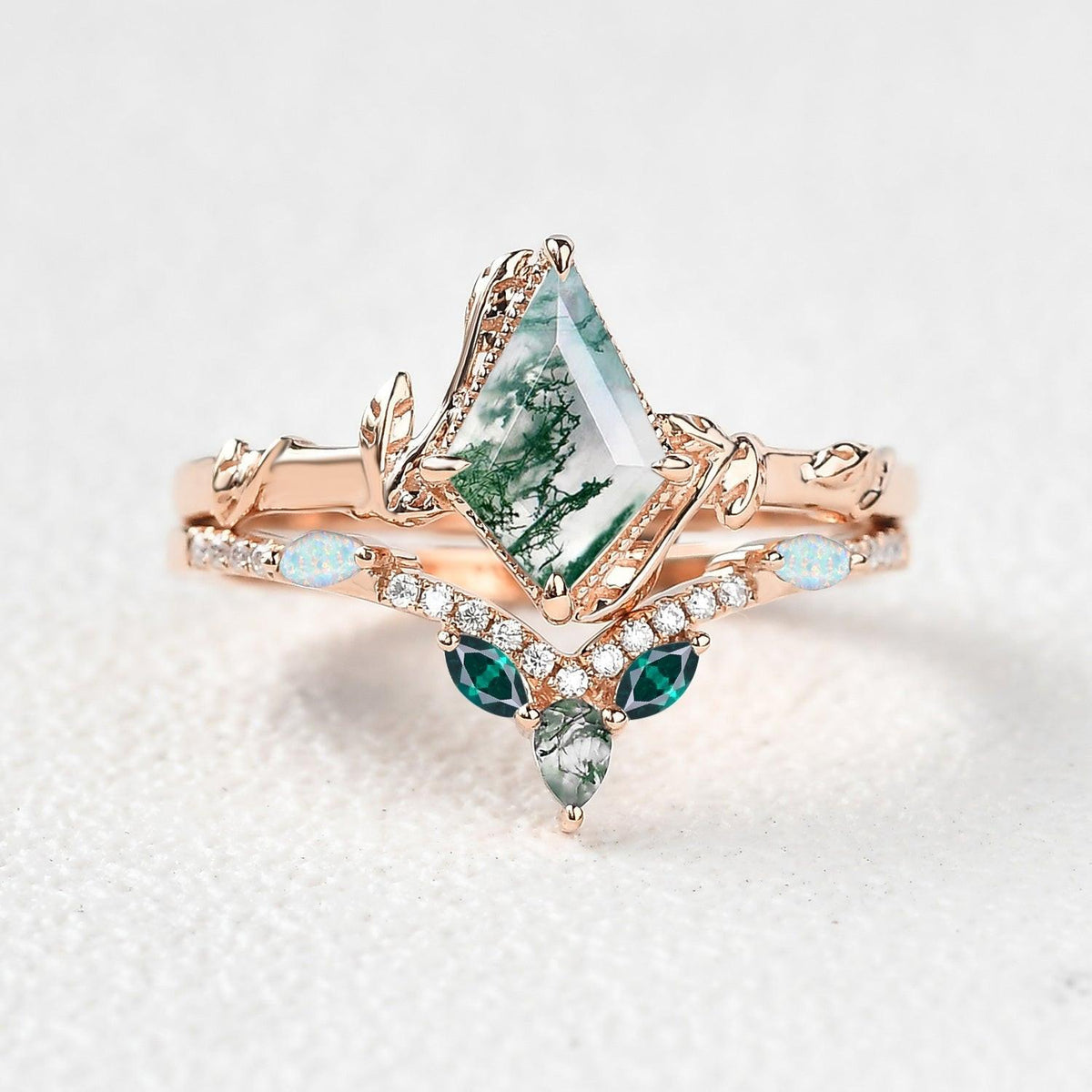 Sylvie’s Lark | Kite Cut Moss Agate, Opal & Emerald Leafy Bridal Set 2 pcs.