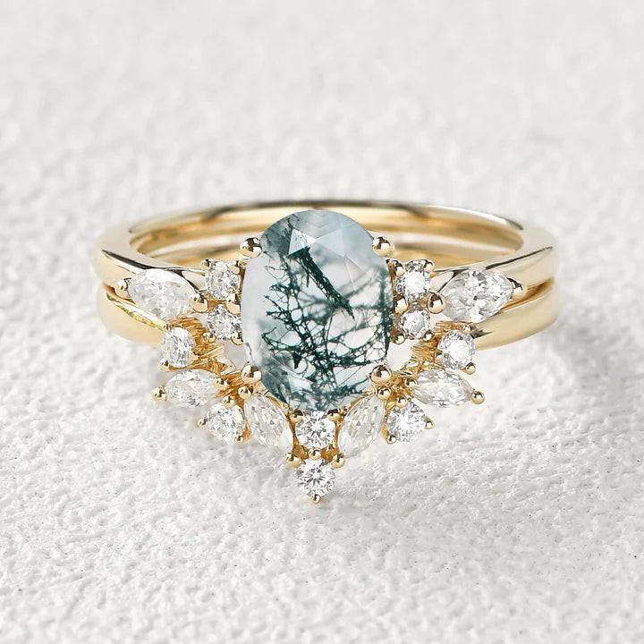 Melisande’s Echo | Oval Cut Moss Agate Bridal Set 2pcs.